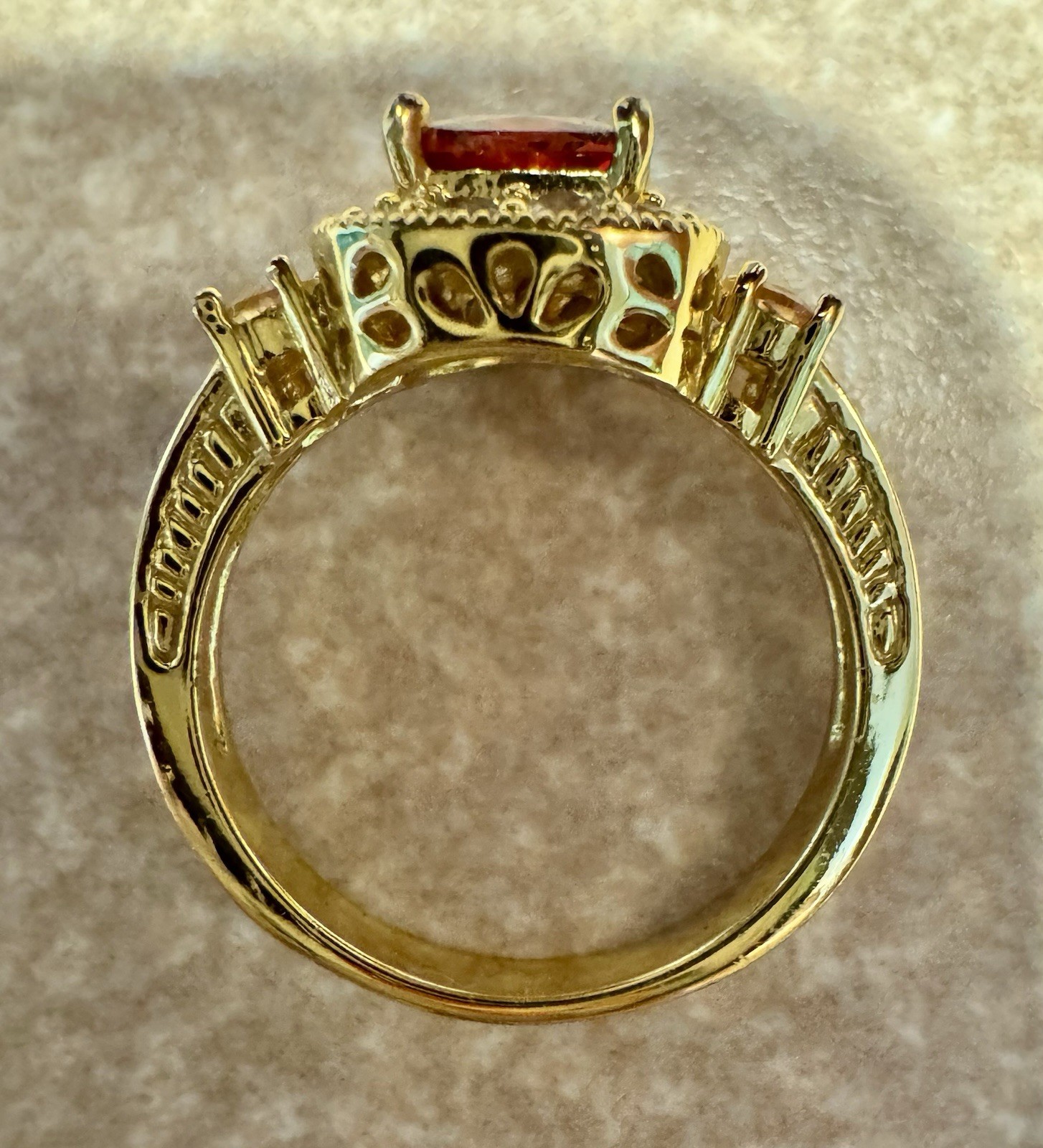 Gold Tone Square Orangish Red CZ Halo Cocktail Ring, Size 73/4, 2mm Band