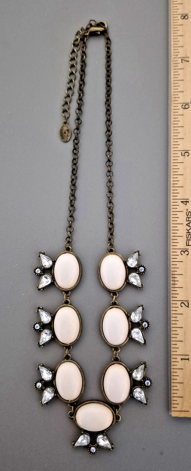 Robert Rose Necklace Pale Blush Cabochon Gray Rhinestone Antiqued Bronze Tone