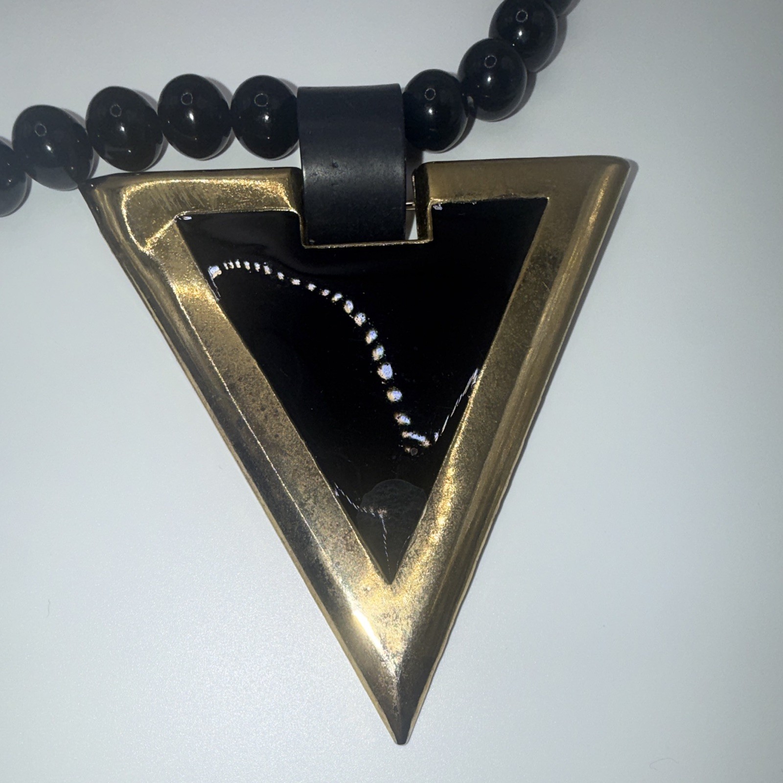 Black Plastic Beaded Ball Chain Necklace Triangle Charm Pendant Lobster