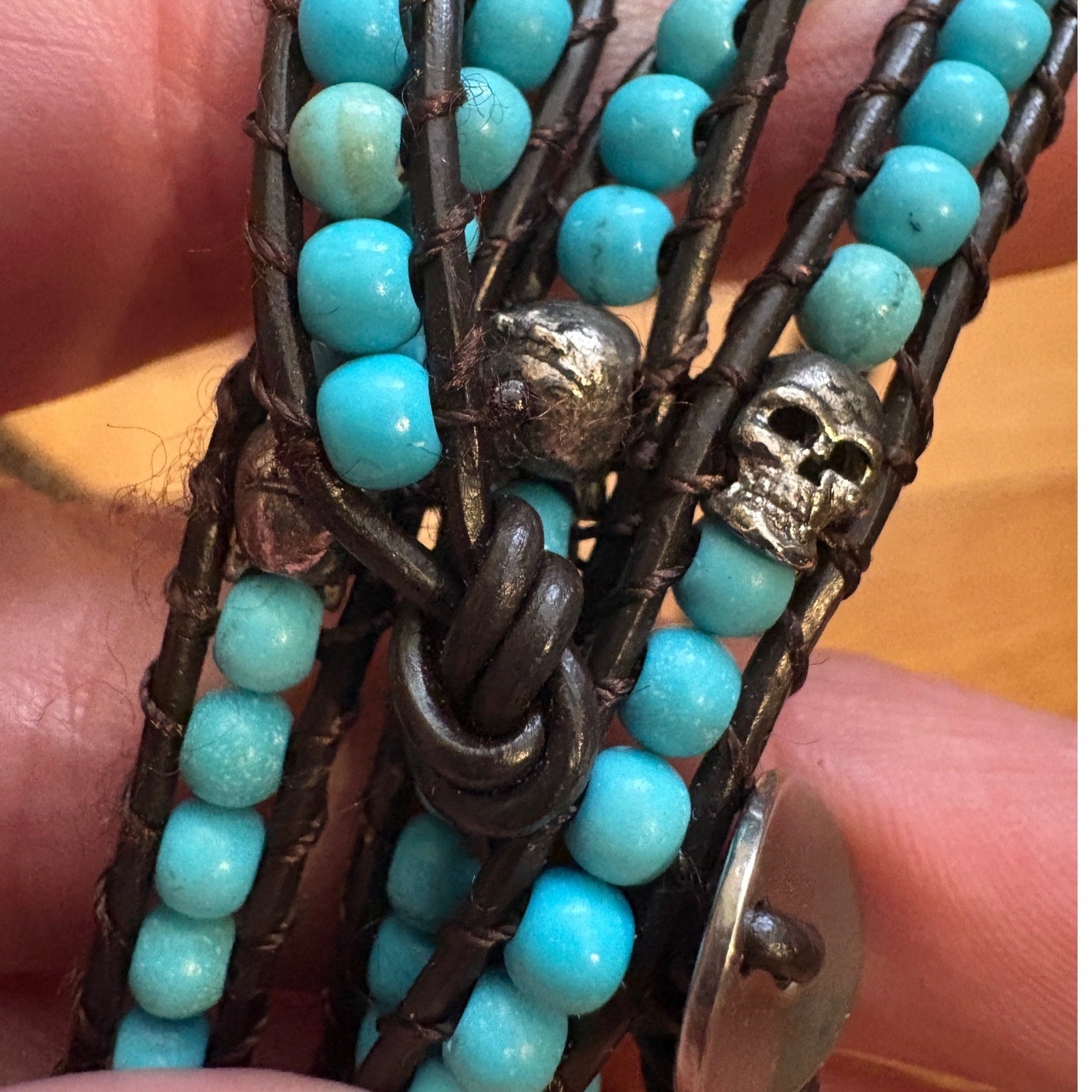 Leather Wrap Bracelet Set Turquoise Skull & Metallic Beads Boho 2pc