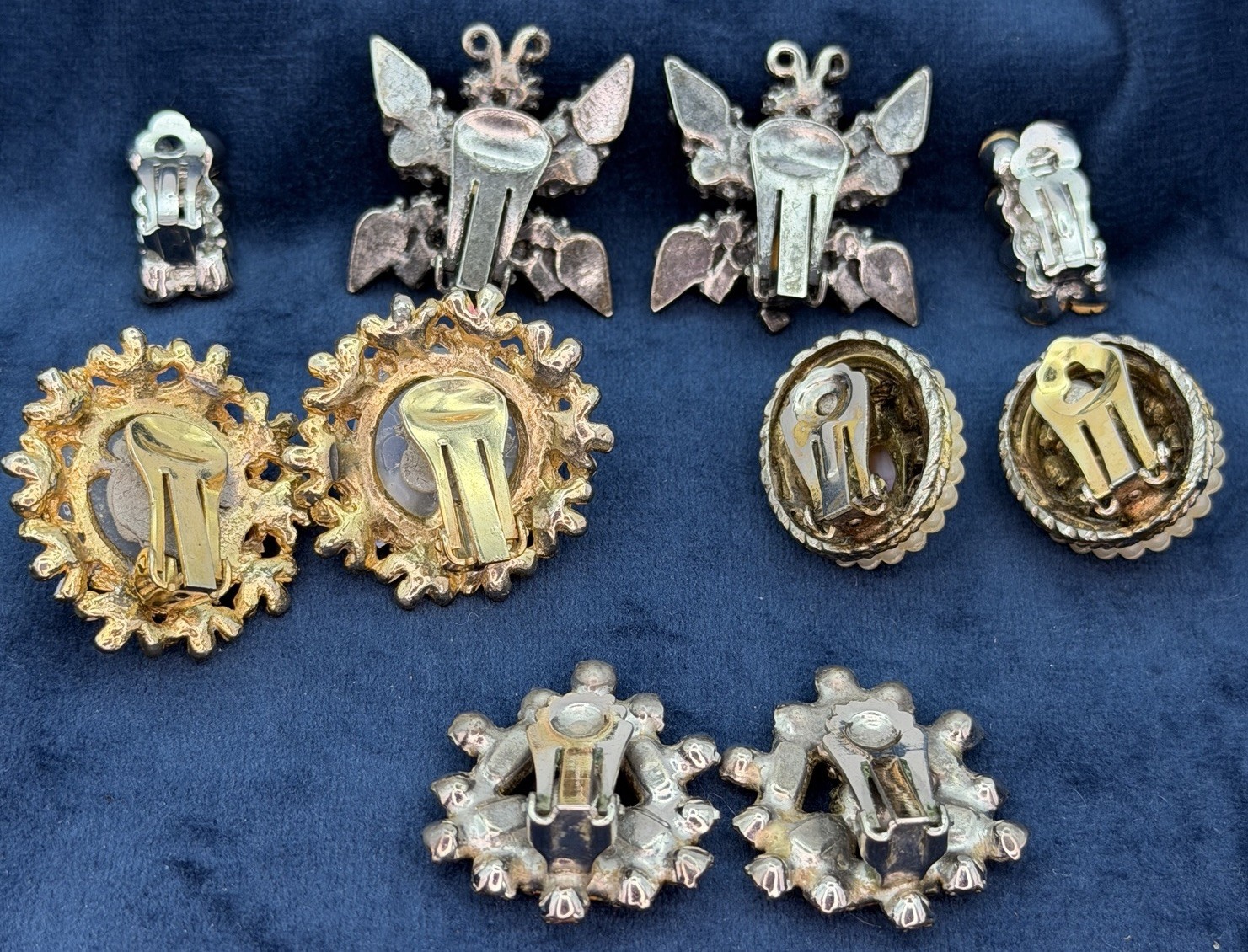 Vintage 50s MCM Clip On Earrings Jewelry Lot 5 Pair Rhinestones Opalite Cabochon