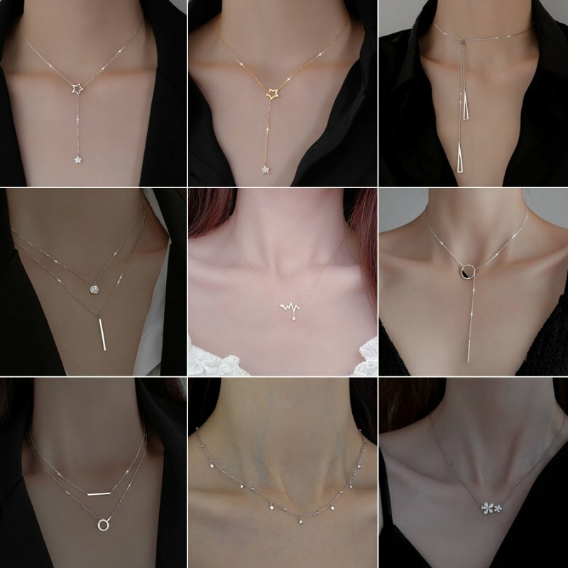 Silver Zircon Heart Star Pendant Necklace Women Choker Wedding Jewelry Gift