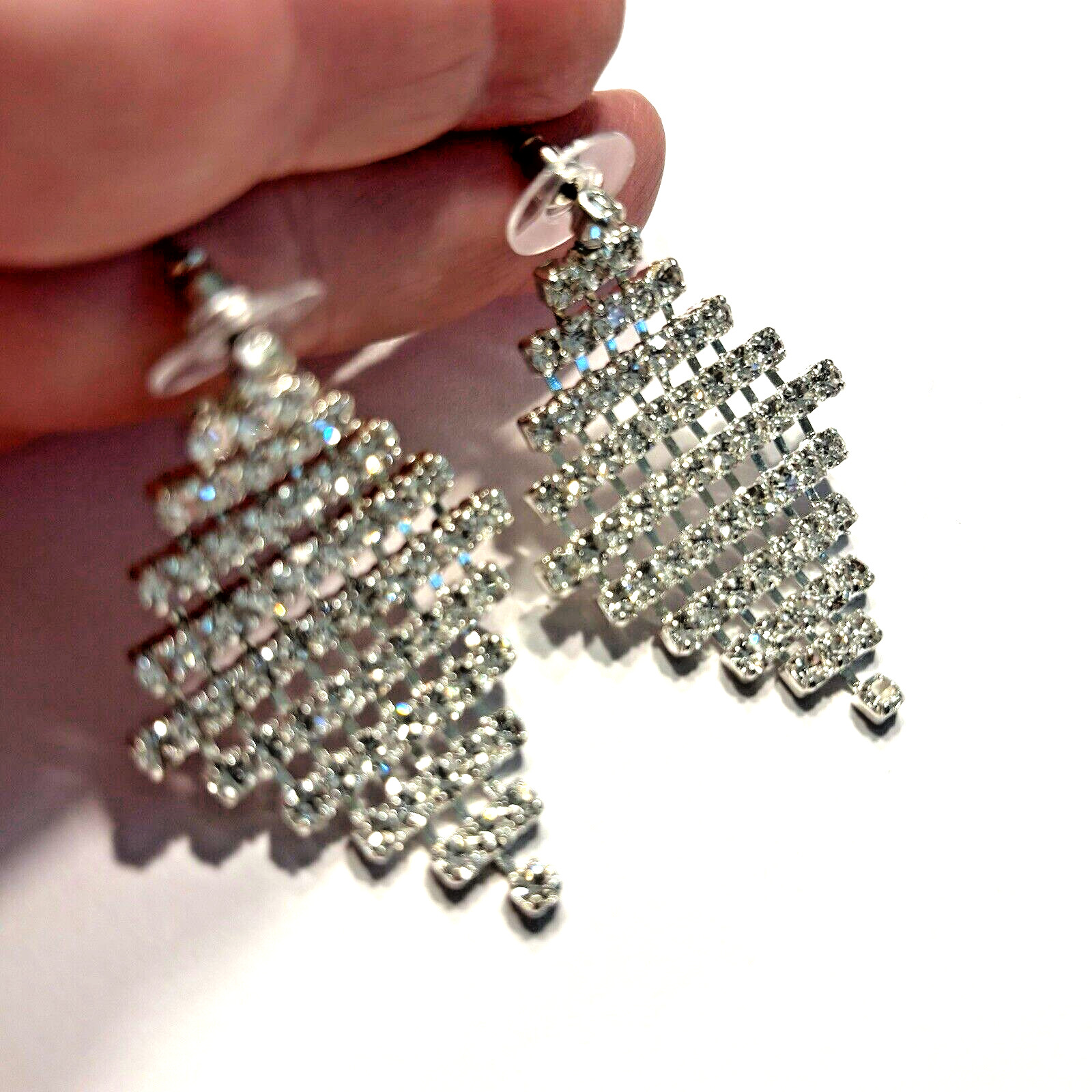 Silver Pierced Earrings Clear White Rhinestones Mesh Drop & Dangle Disco Fashion