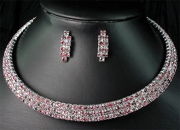 Elegant pink 3 row crystal rhinestone choker Bridal or other S122