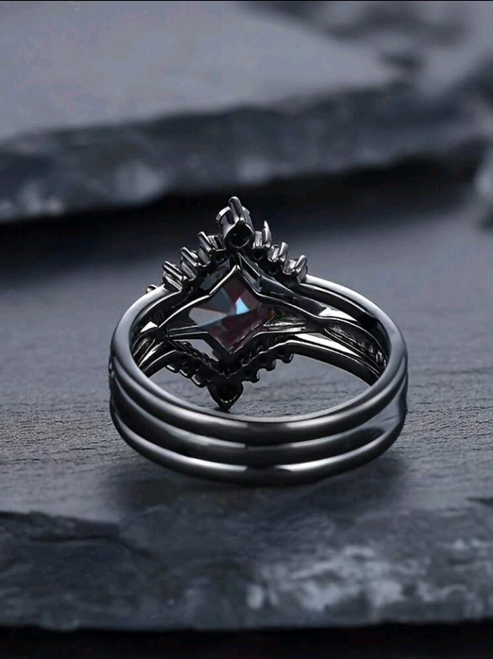 3pcs Black Colored Zinc Blue Purple CZ Ring Set Size 10