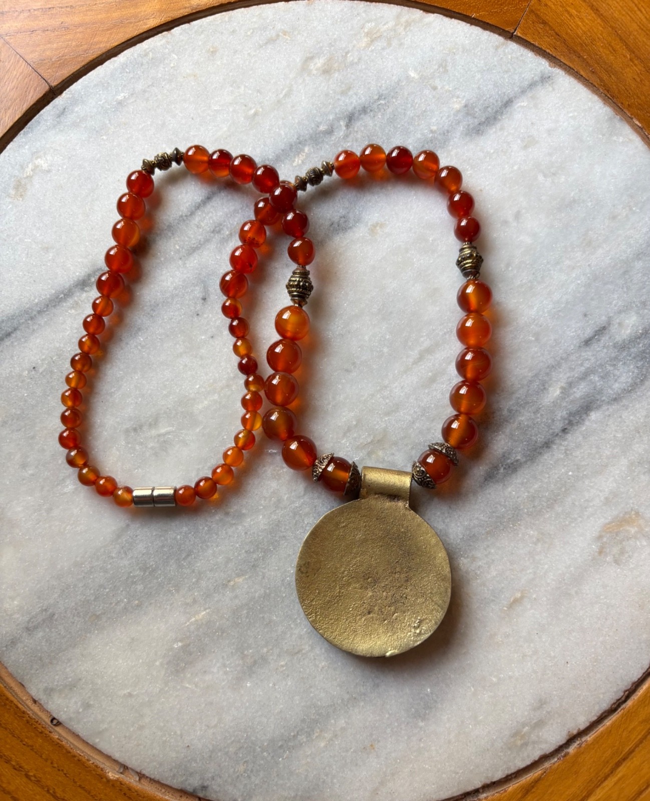 Vintage Brass Auspicious Tibetan Mandala Amulet Carnelian beads 22″ Necklace 6