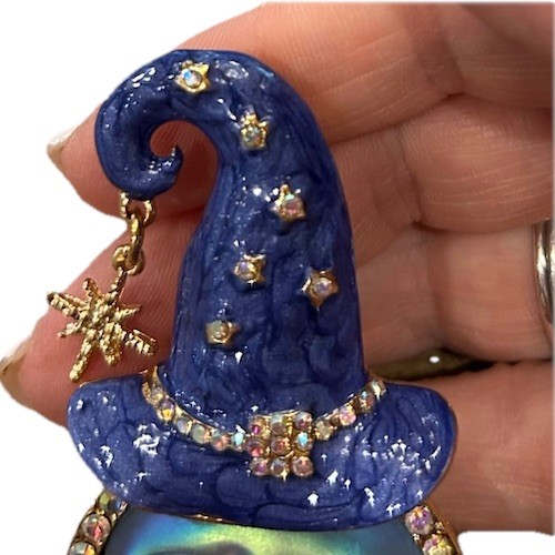 Mystical Iridescent Blue MOON FACE Brooch/Pendant w/Hat AB Crystals, Star Charm