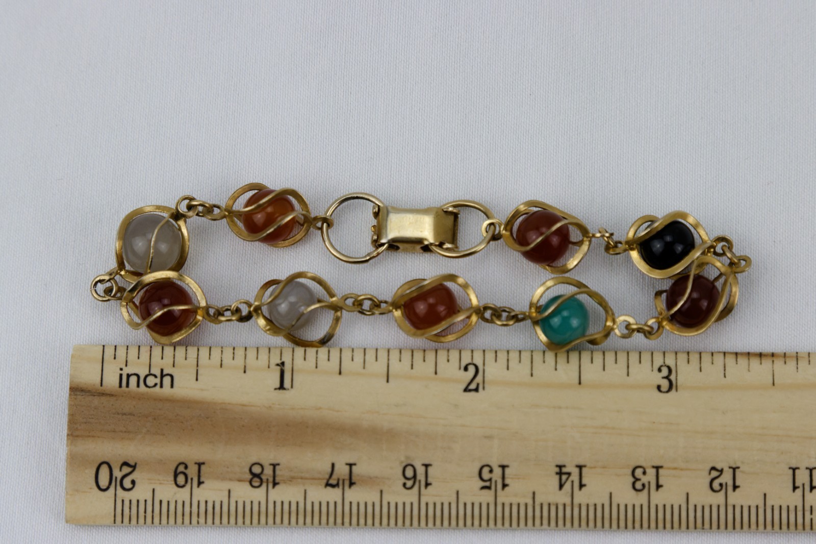 Caged Stone in Gold Tone Bracelet, Hinged Clasp, 9gr