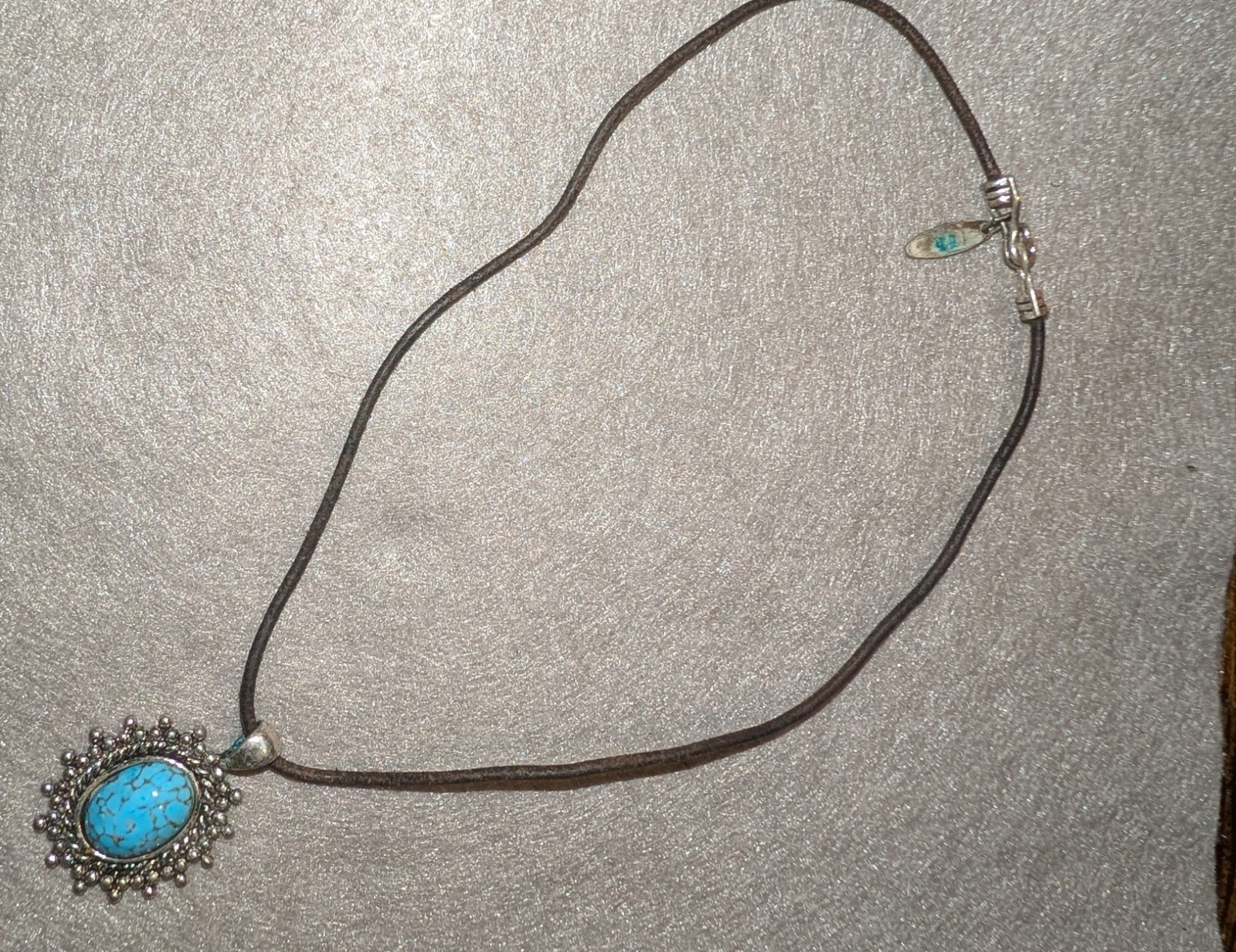 Turquoise Oval Bezel Set Pendant Charm Necklace Brown Leather Cord Hook