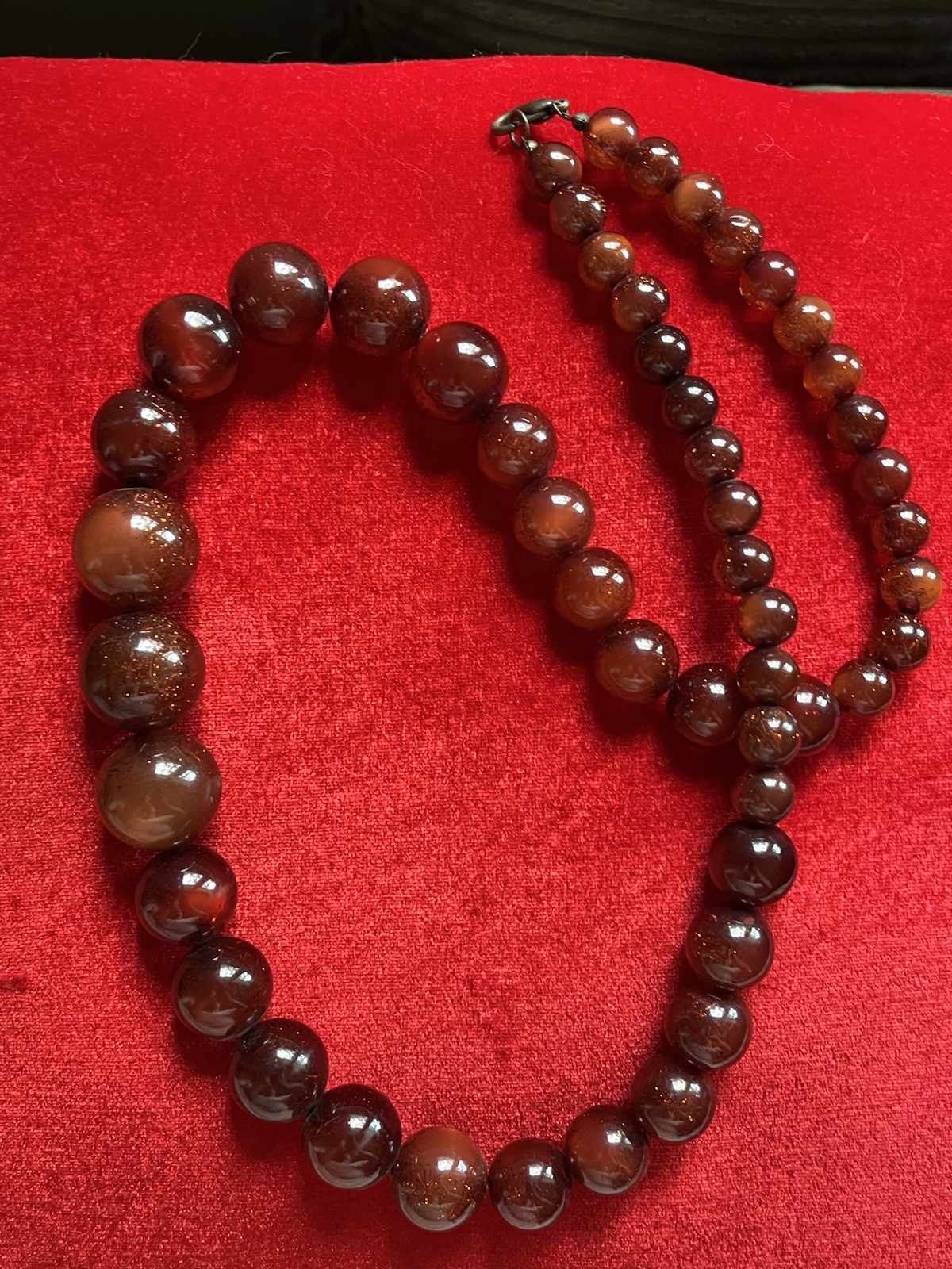 Vintage Graduated Red Resin Bead Necklace Faux Goldstone Flakes Retro Boho