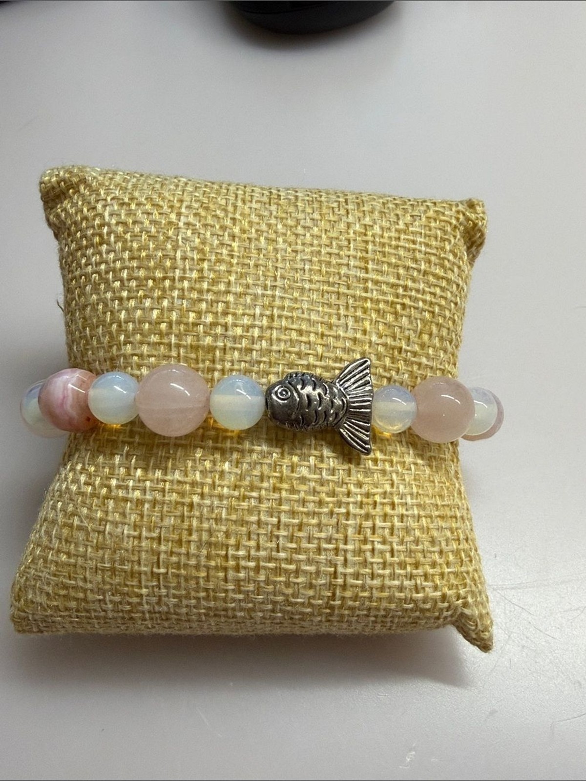 Handcrafted Pink Jade and Opalite Beaded Bracelet with Silver Fish Accent