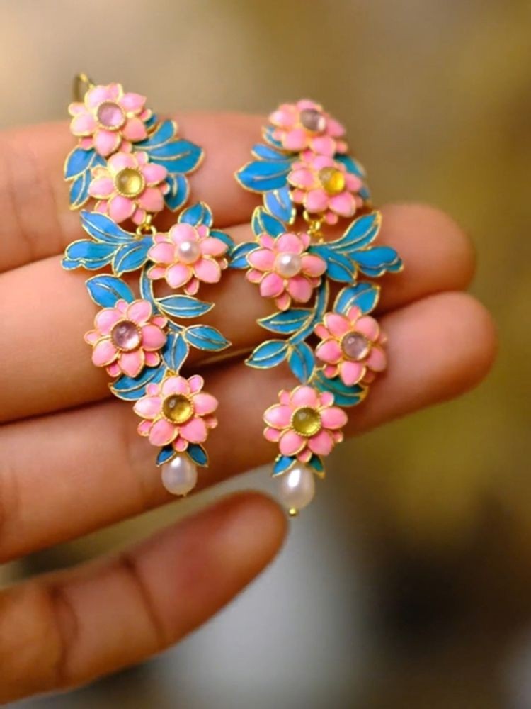 Chinese Style Filigree Enamel Flower Earrings Pearl Tassel Vintage Jewelry