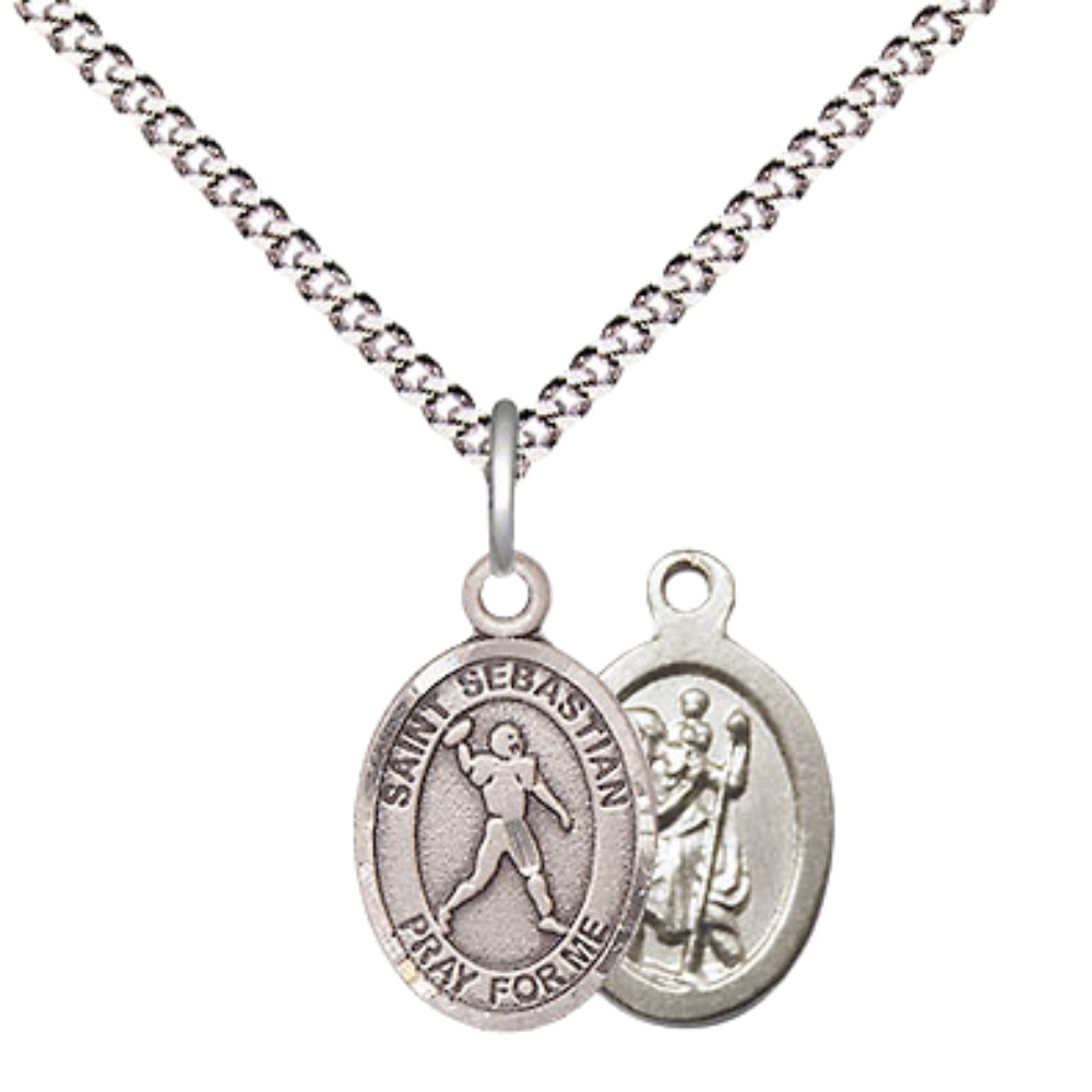 Pewter Small Saint Sebastian Football Medal Pendant 18″ Lobster Claw Necklace