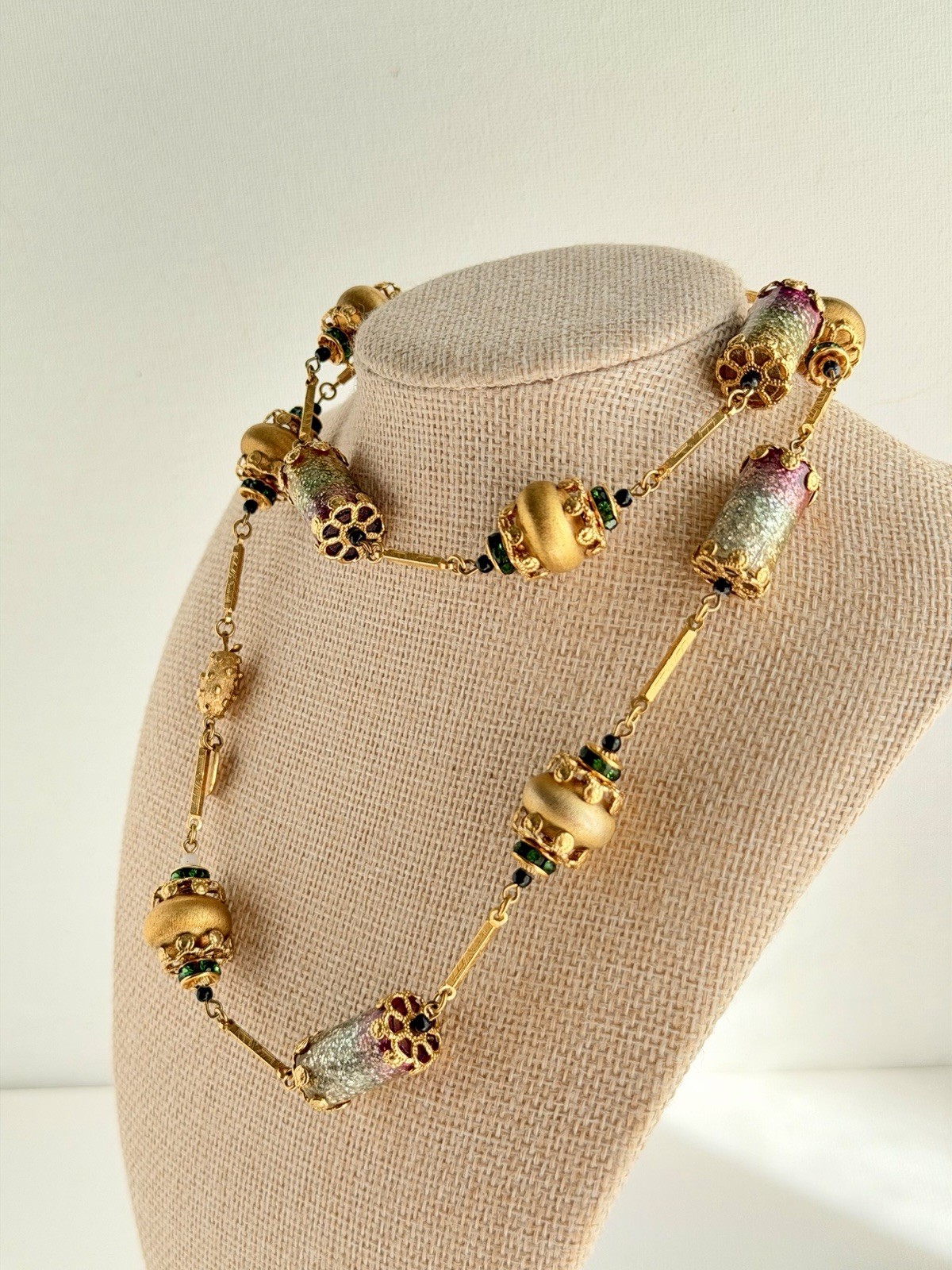 Vintage Vendome Necklace Gold Tone Pink Green Glitter Beads Signed