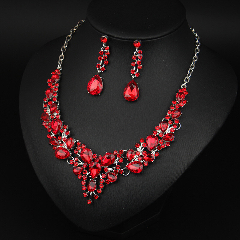 Crystal Gem Necklace Earrings Bridal Jewelry Set Statement Christmas Party Gift