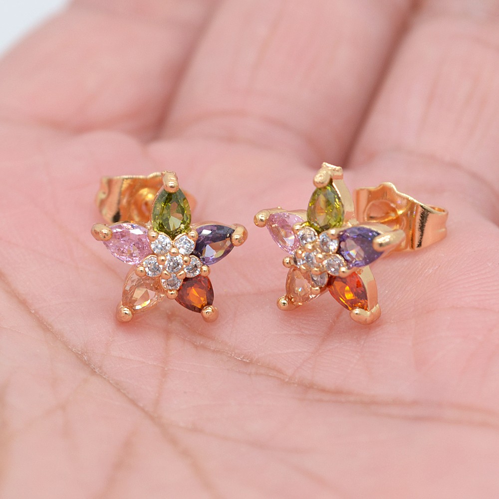 18K Yellow Gold Filled Women Multicolor Mystic Topaz Flower Stud Earrings
