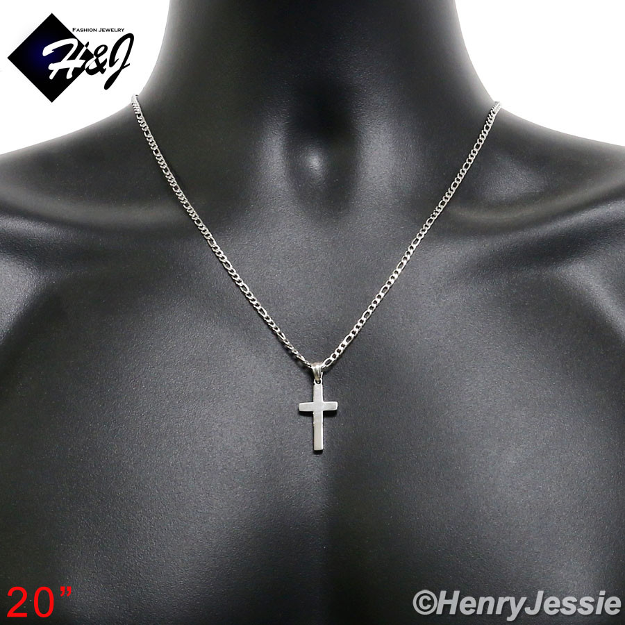20″MEN Stainless Steel 2mm Silver Figaro Chain Necklace Small Cross Pendant*P67