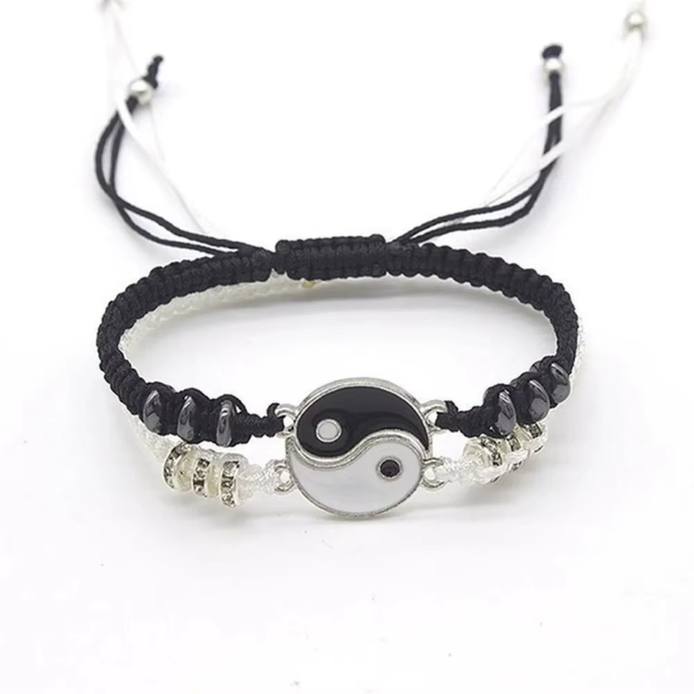 2 PC Jewelry Set Couple Black White Tai Chi Bracelet Rope Adjustable Chain Set S