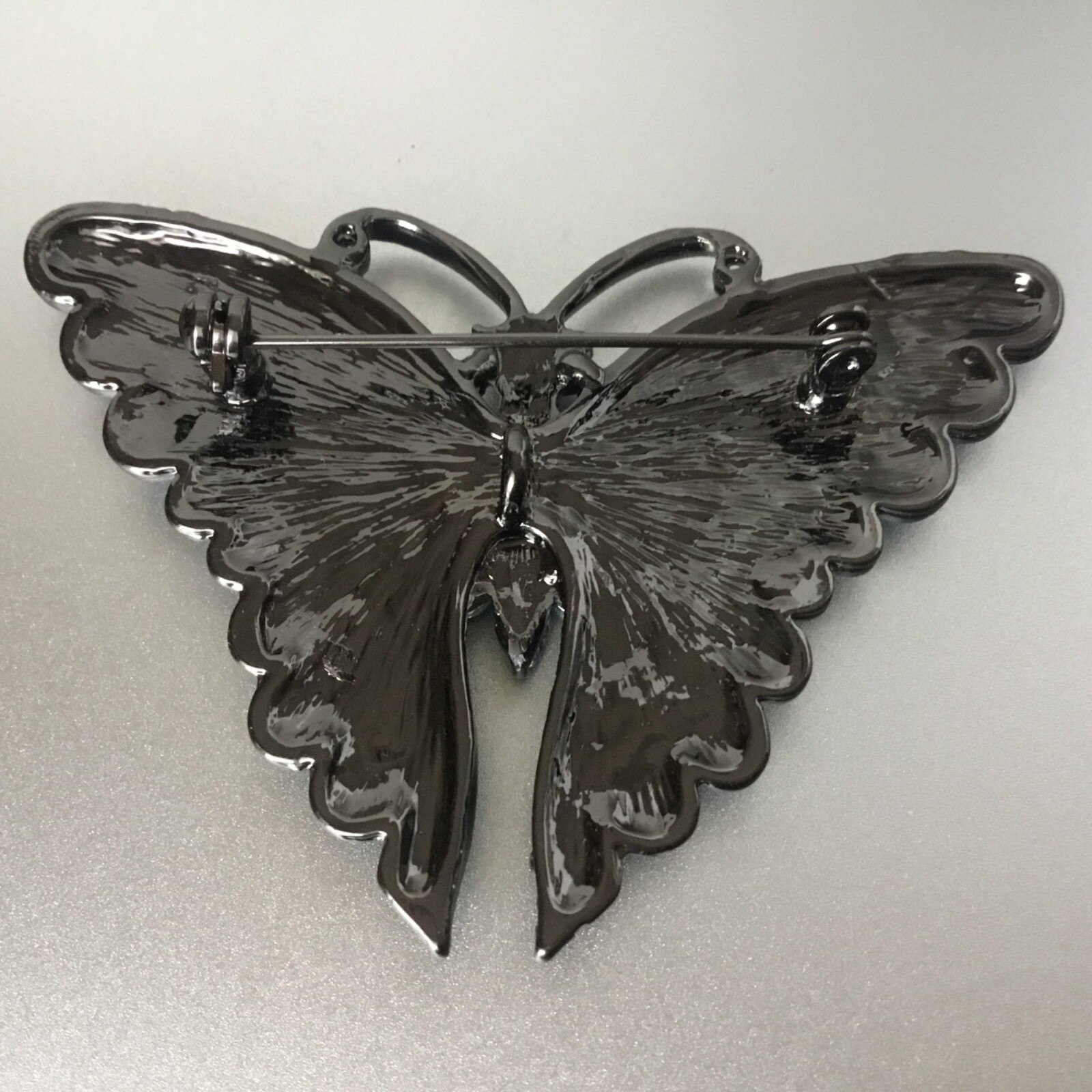 Butterfly Pin Pendant Black Metal Blue Pave Rhinestones
