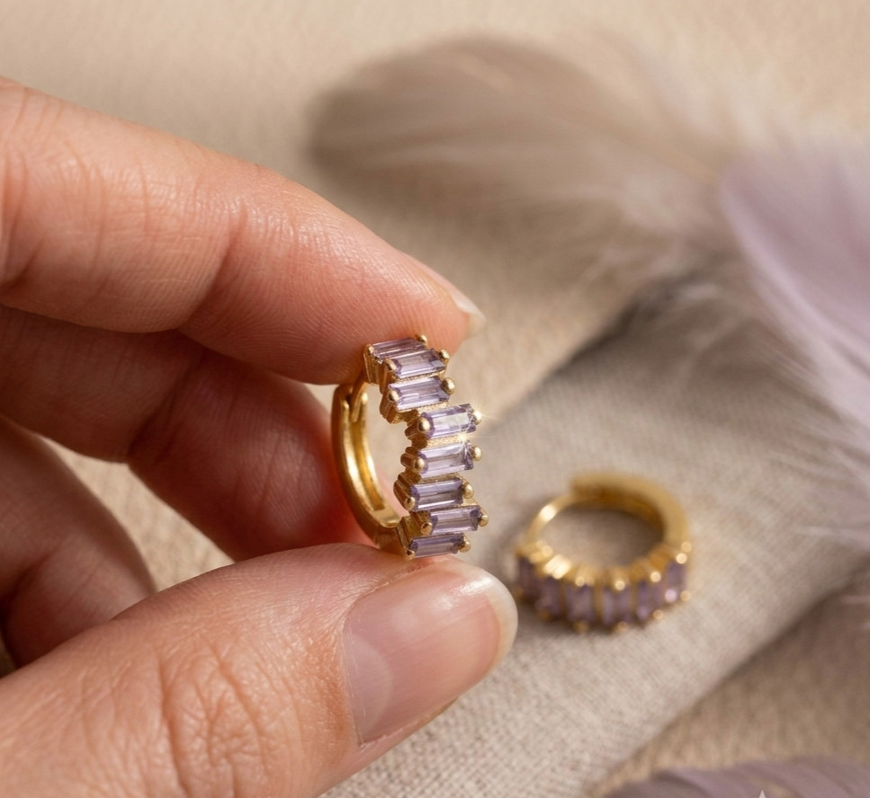 Elegant Lavender Amethyst Baguette Huggie Hoop Earring In 925 Sterling Silver