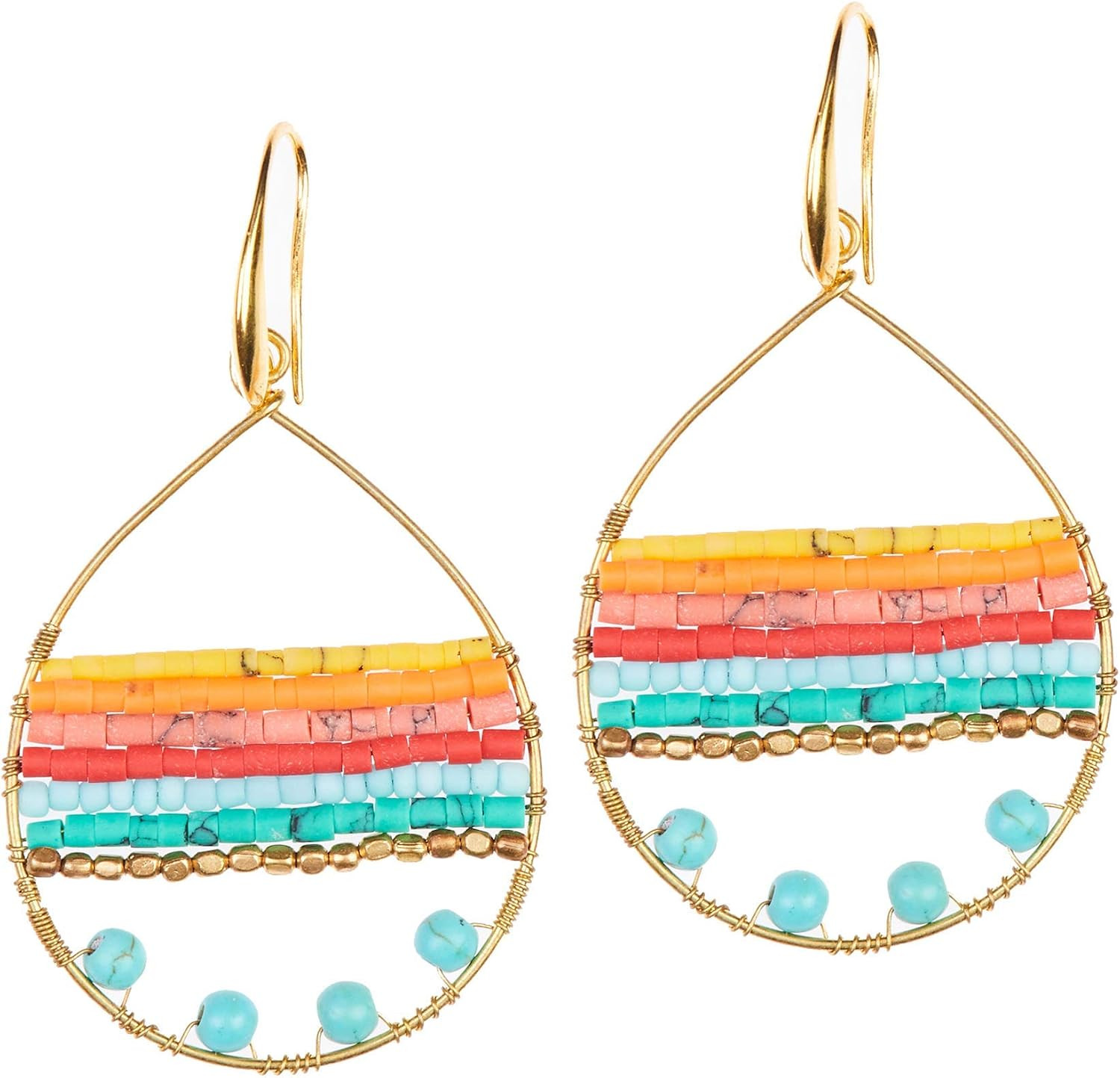 Handmade Boho Teardrop Earrings for Women – Silver and Gold Dangle Hoop. Colorfu