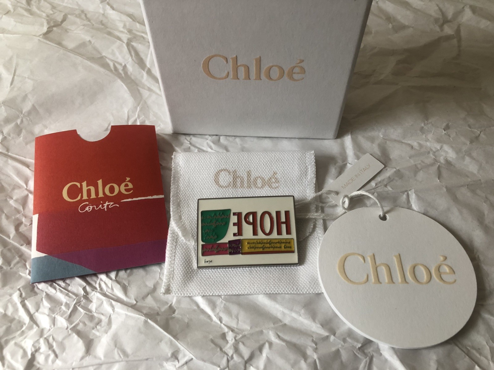 Chloe “Hope” Pin Badge Brooch Multicoloured In Gift Box Made Italy RRP £110 NEW
