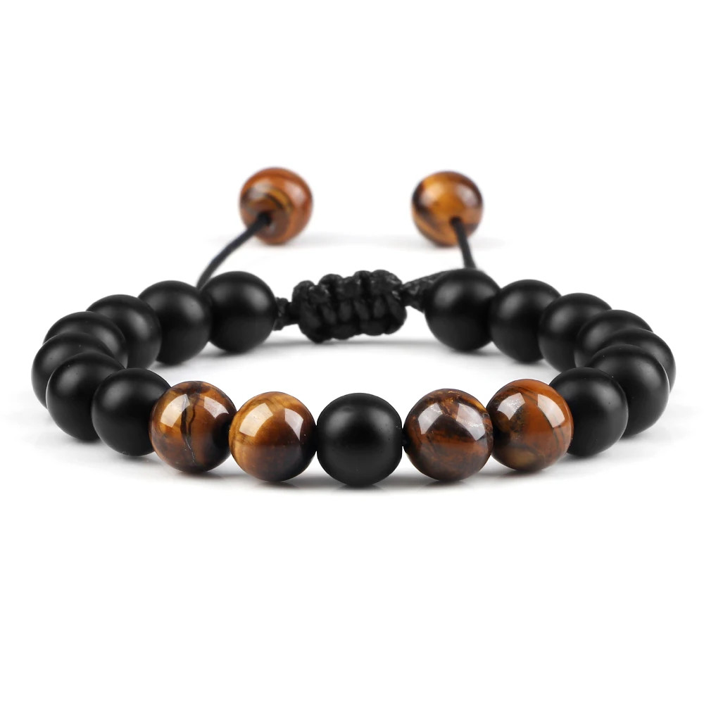 Handmade Adjustable Braided Bracelet Black Lava Stone Crown Tiger Eye Beads