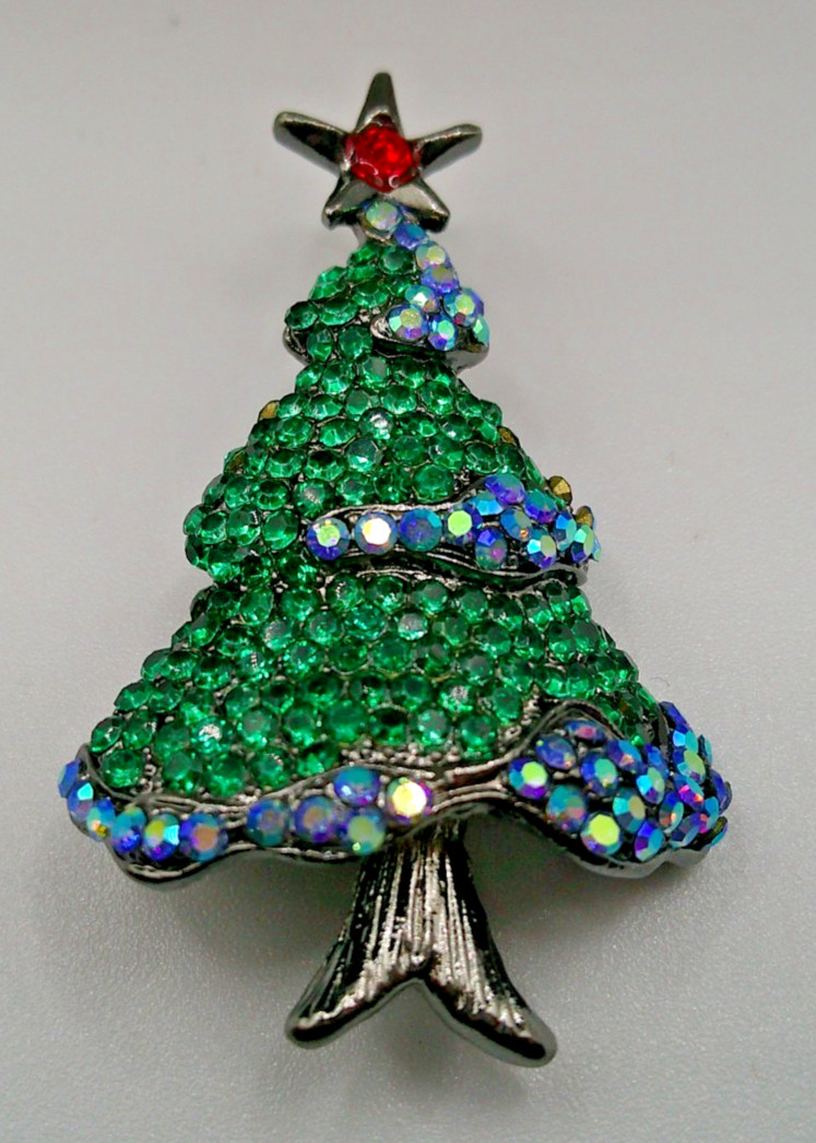 Green Blue Rhinestone Christmas Tree Brooch Holiday Pin ~ 1.75″ (SN18)