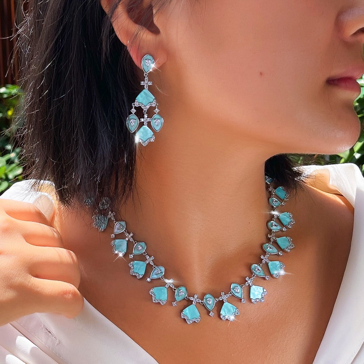 Light Blue Long Chandelier Earrings Necklace Women Zirconia Wedding Jewelry Set