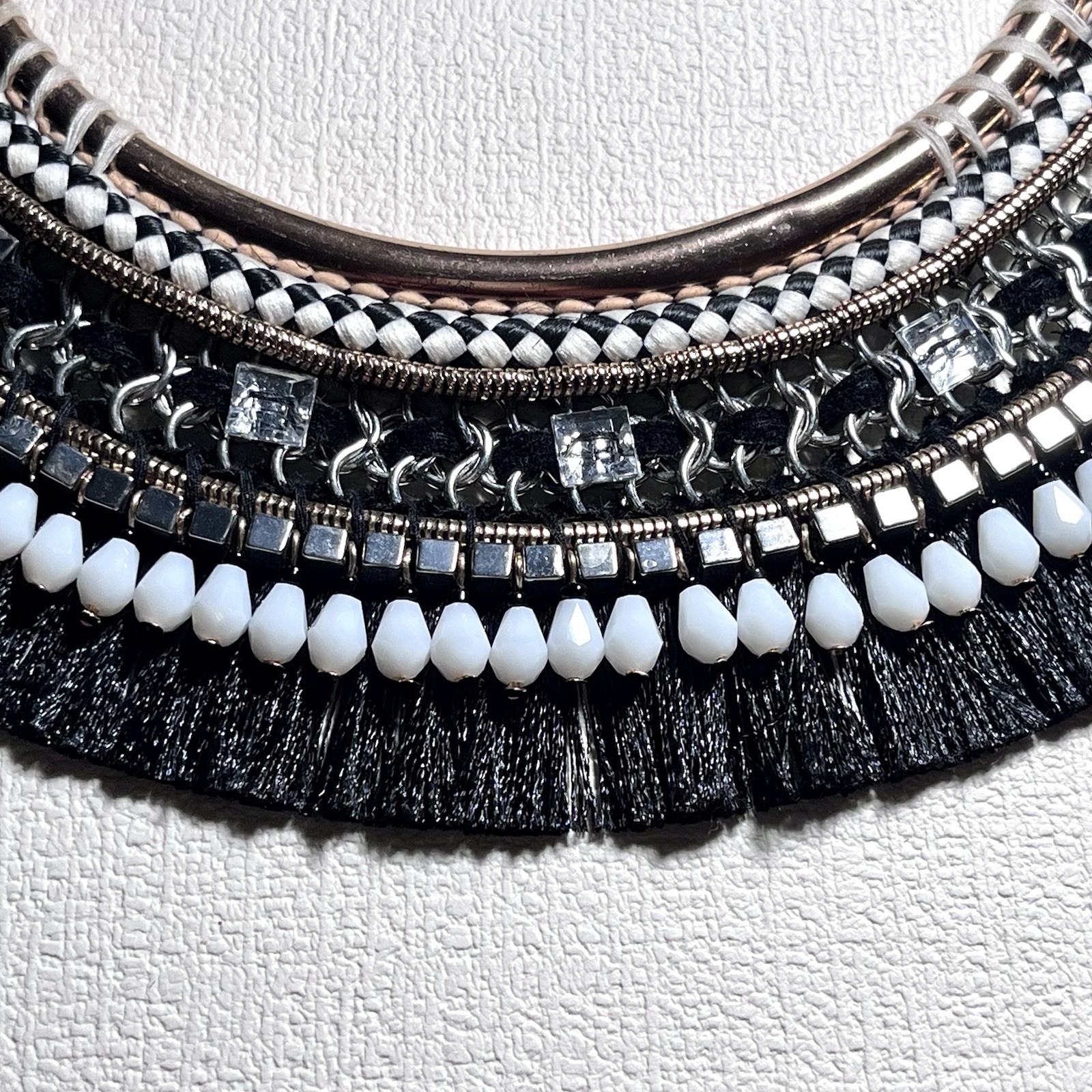 Chicos Bold Boho Necklace Tribal Style Bead and Fringe Layered Design Woven Cord