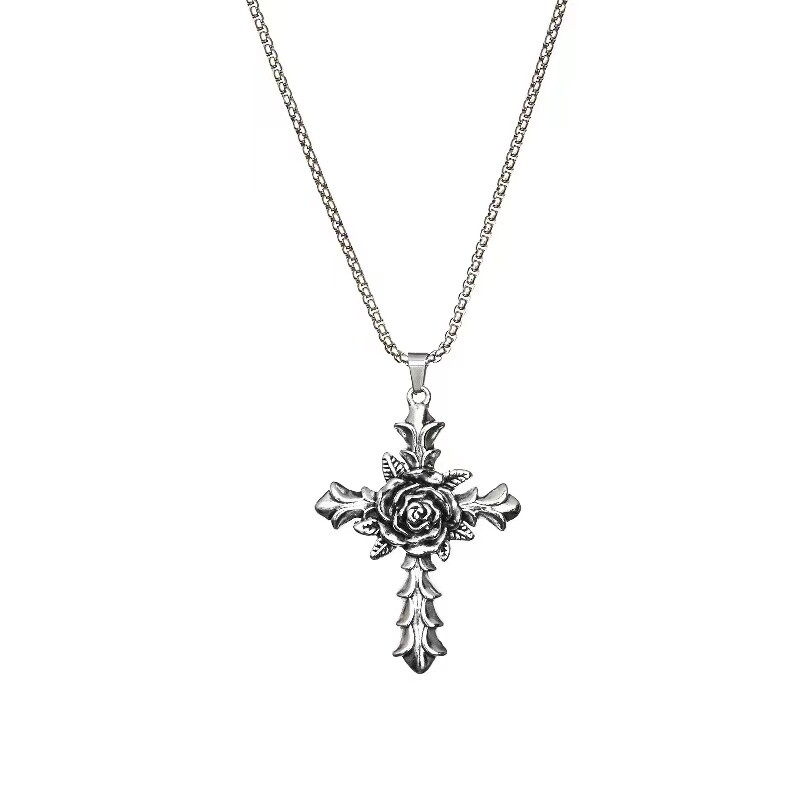 Silver Rose Cross Pendant Necklace Rosicrucian Christian Jewelry Box Chain 24″