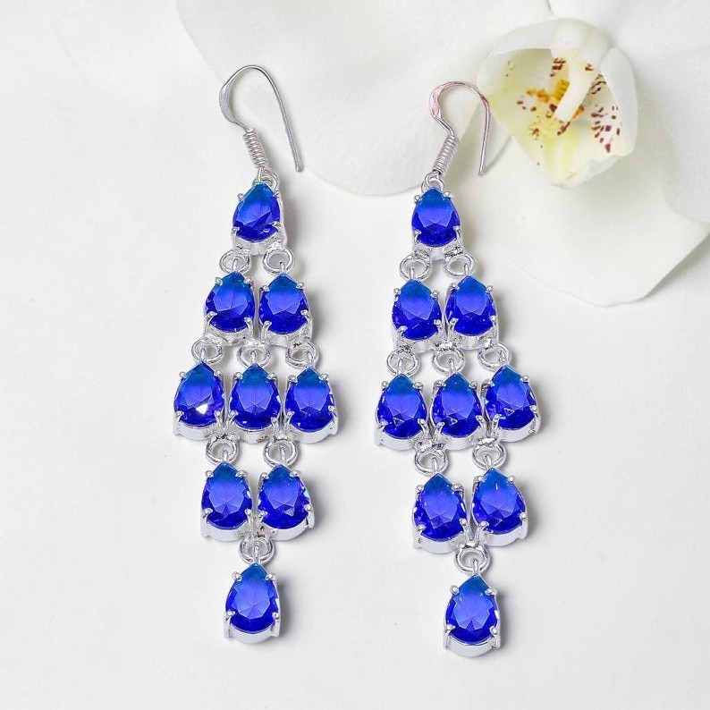 Sterling Silver Tanzanite Chandelier Earrings Faceted Pear Drop Electric Blue
