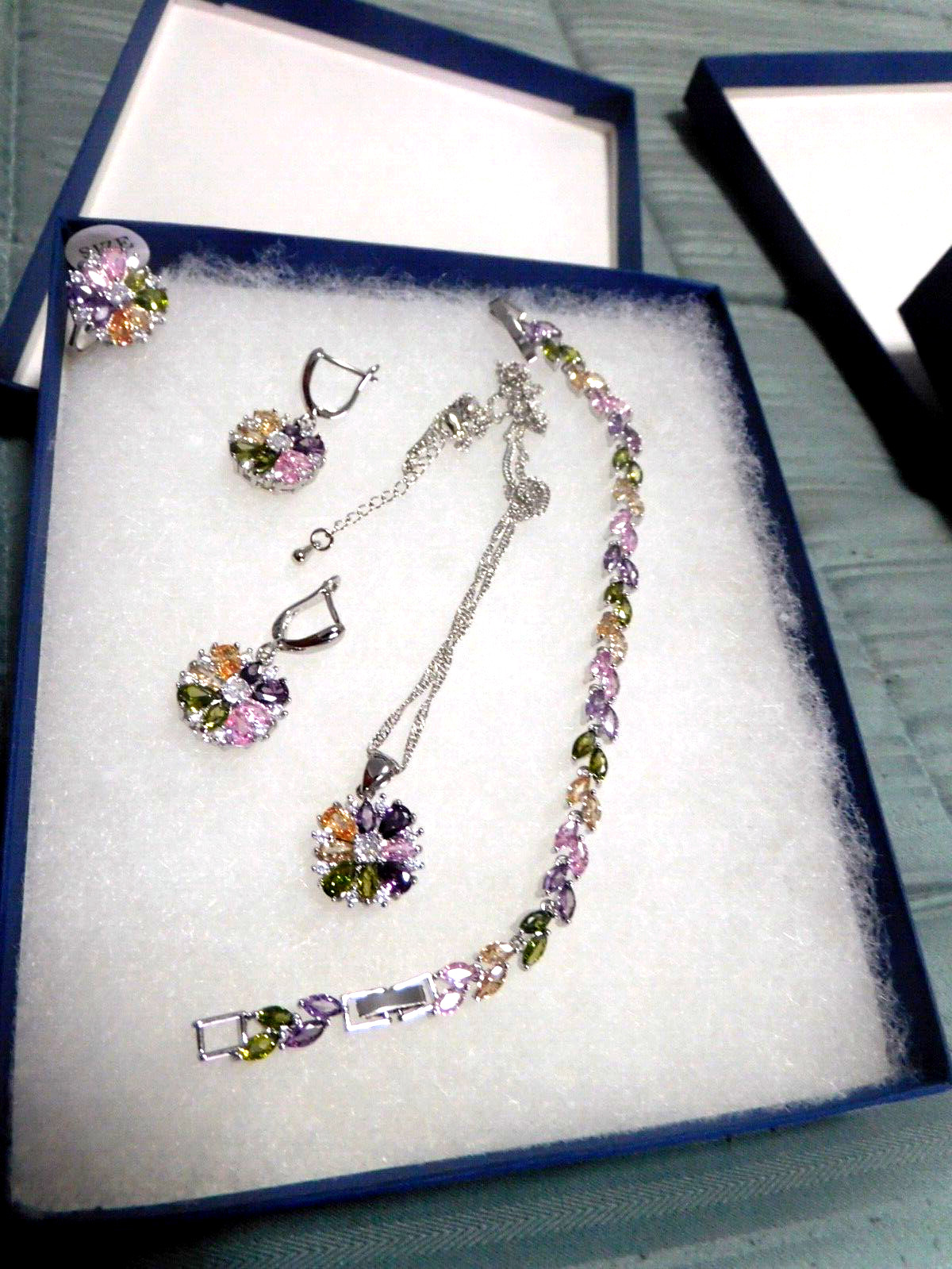 New 5 Piece Necklace Earrings Bracelet Ring Multi-Color Zircons 925 Wedding Set