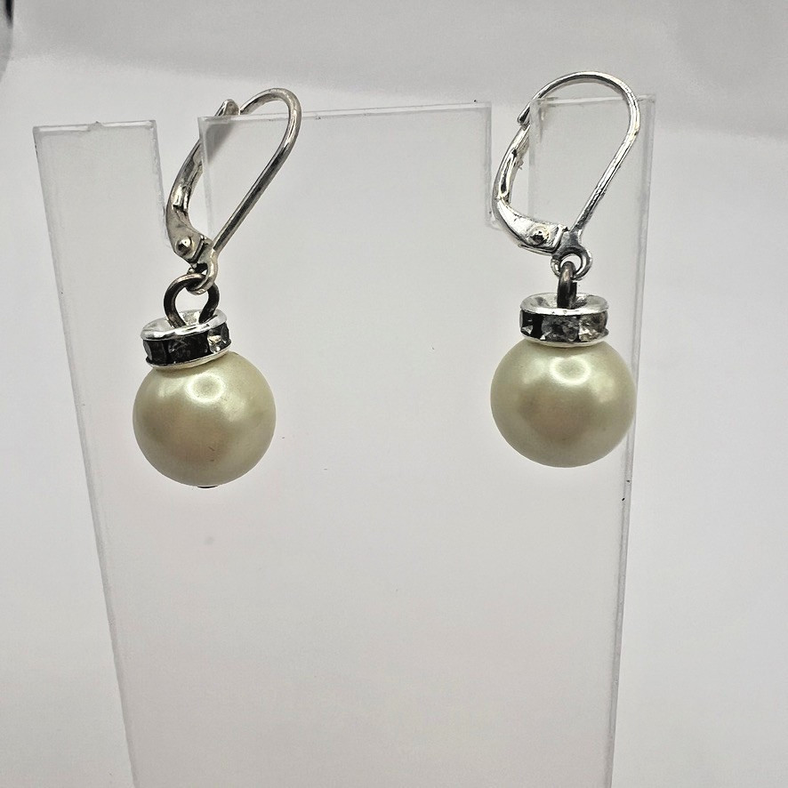 Elegant Pearl Drop Leverback Earrings Rhinestone Rondelles Accents Silver Bridal