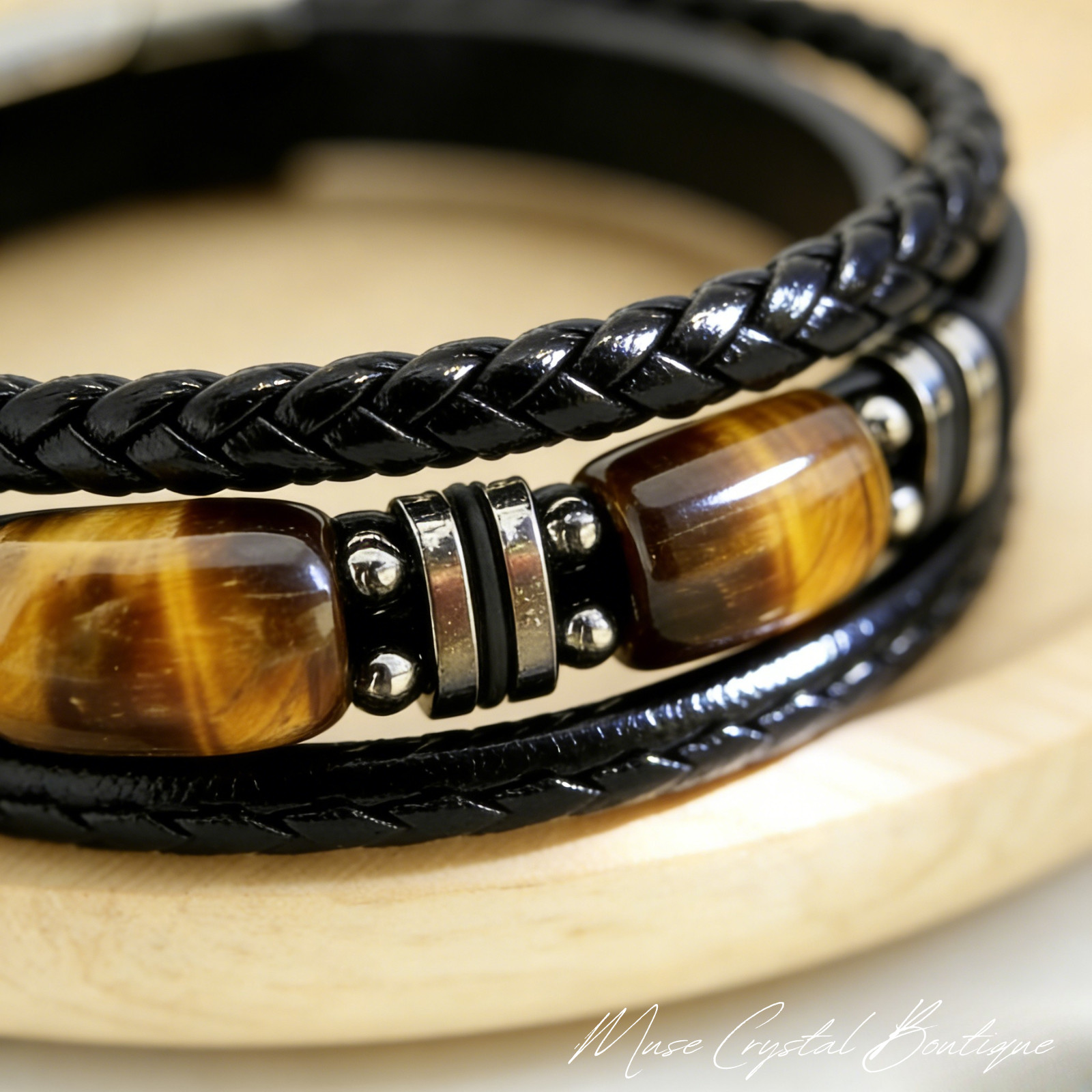 Natural Tiger Eye Bracelet Men Genuine Leather Braided Healing Energy Jewelry