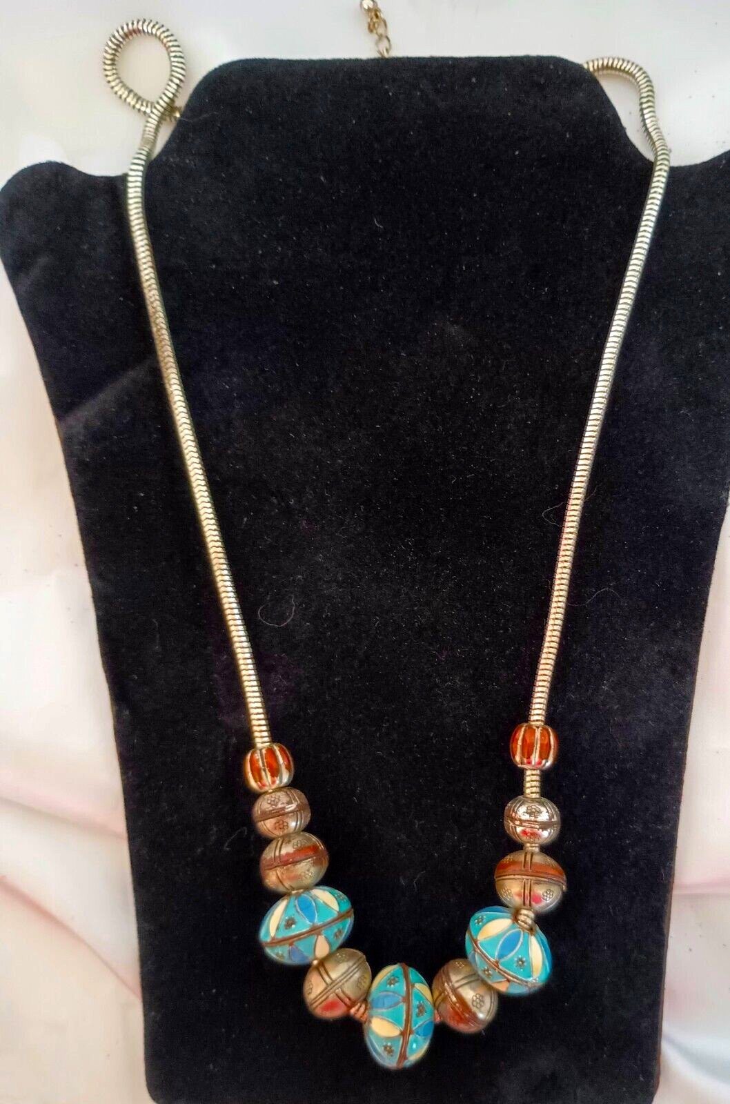 Vintage Fashion Necklace Pretty Enameled Metal Beads on a Silver Tone Chain