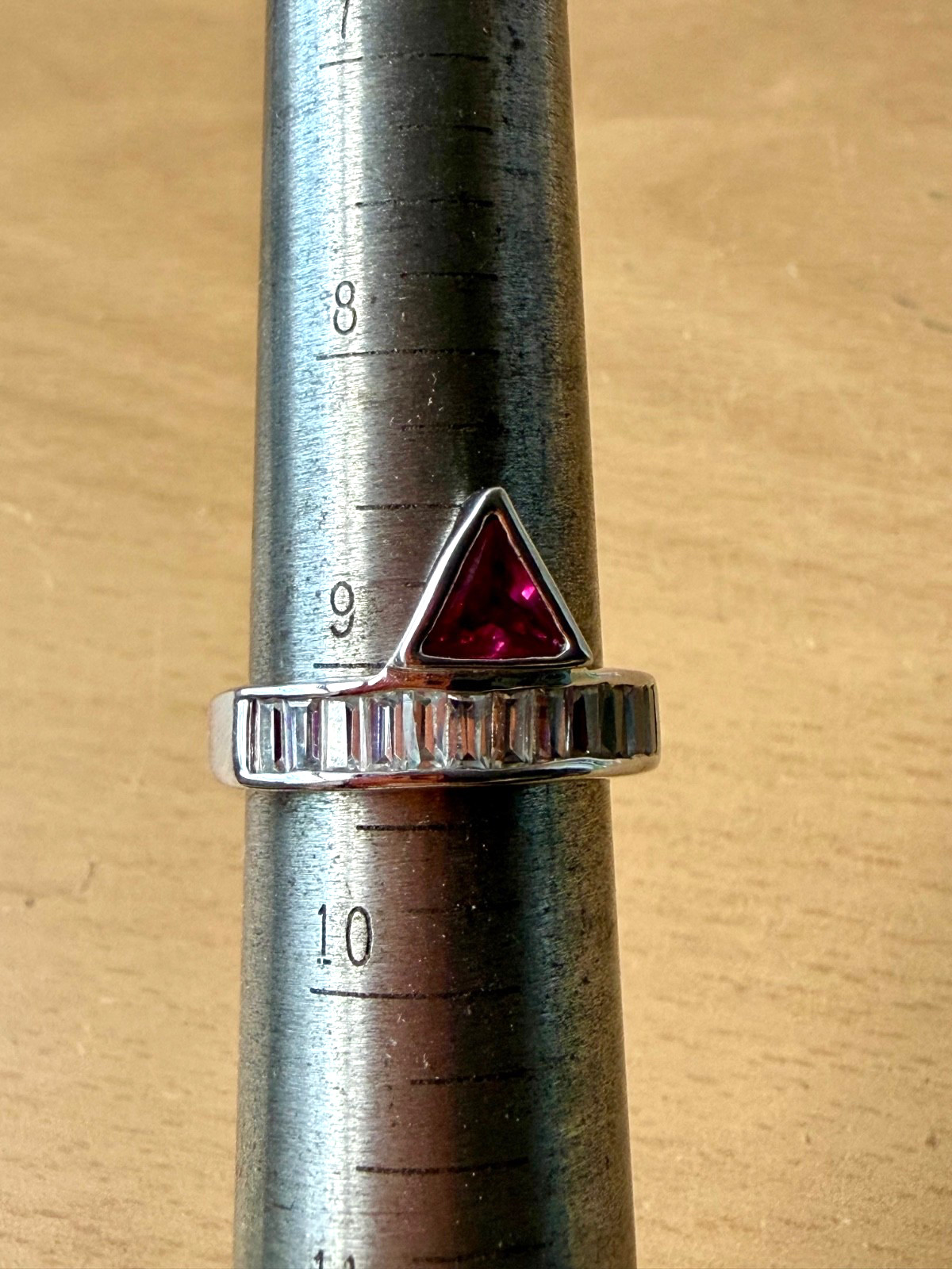 SYNTHETIC RUBY / PINK SAPPHIRE BAGUETTE RHINESTONES GEOMETRIC RING SILVER TONE