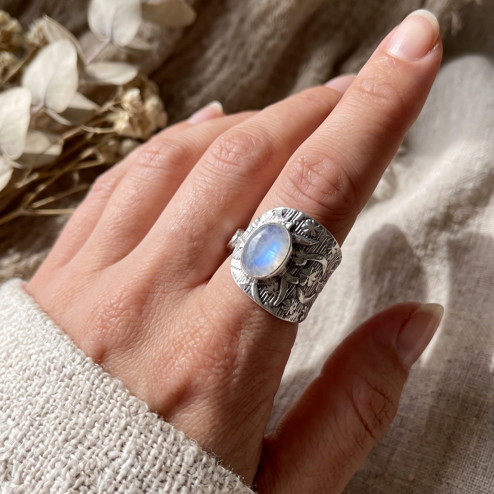 Natural Moonstone Sterling Silver Wrap Ring, Floral Statement Jewelry