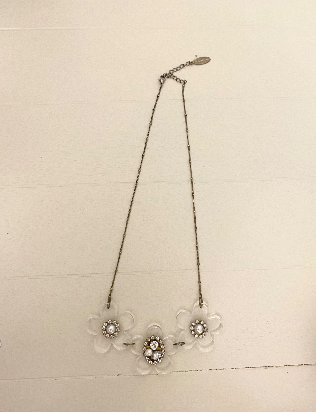 Mercuryduo Japanese necklace | mixed metal, plastic flowers, pearl, crystal