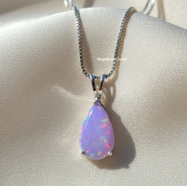 Dainty Opal Purple Pendant Teardrop Minimalist Opalite Necklace Women Jewelry