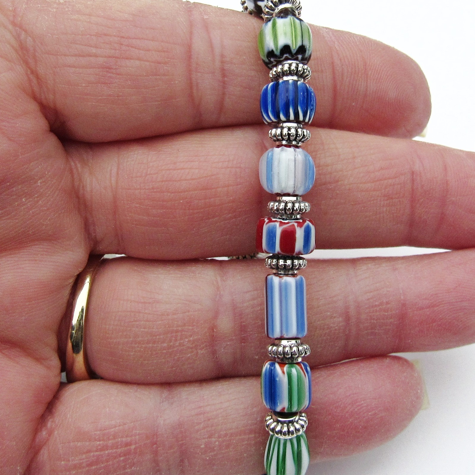 Mixed Chevron Glass Beaded Stretch Bracelet, 6 Inches, Pewter Owl, Multi Colors