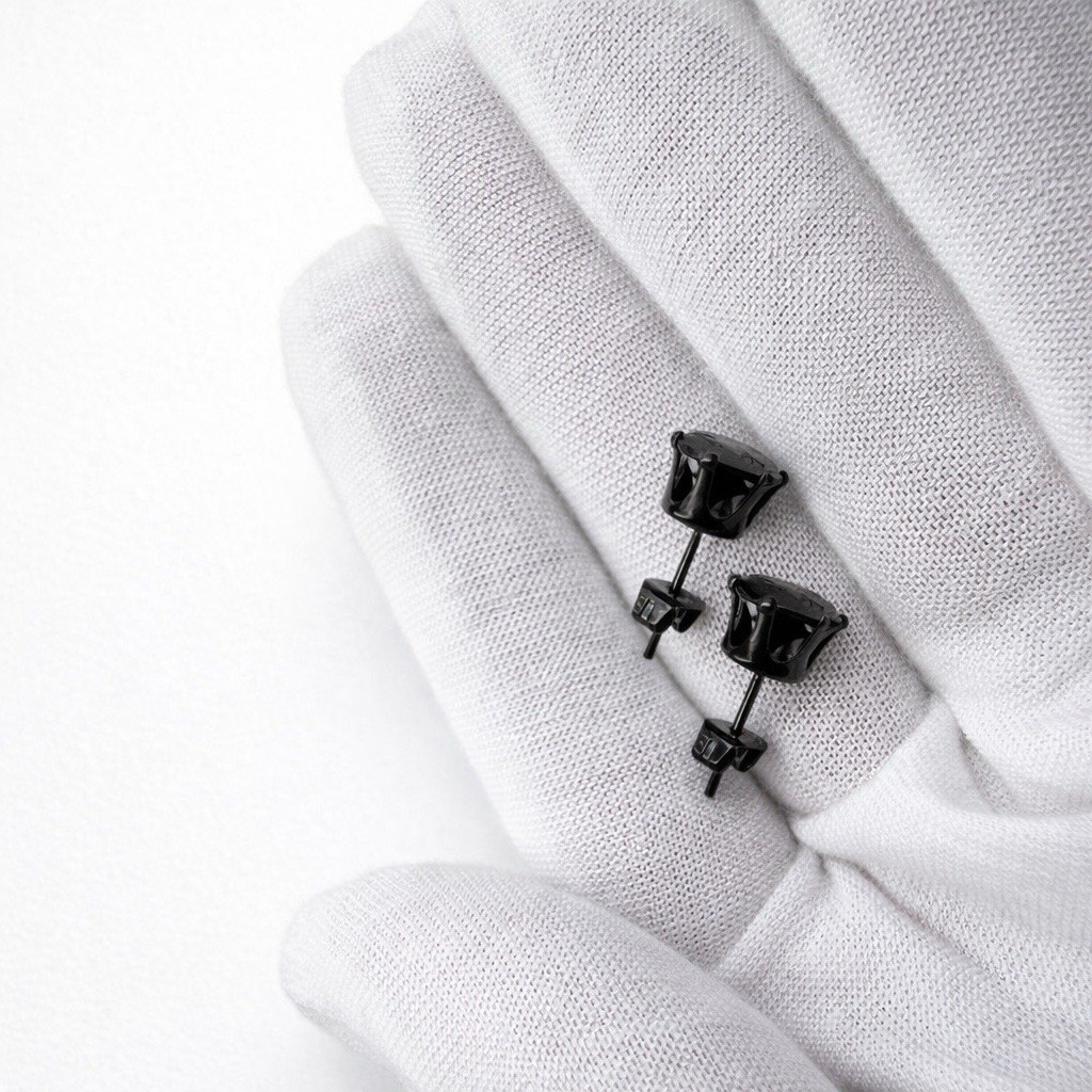 Black CZ Stud Earrings Stainless Steel Unisex Round Minimalist Hypoallergenic