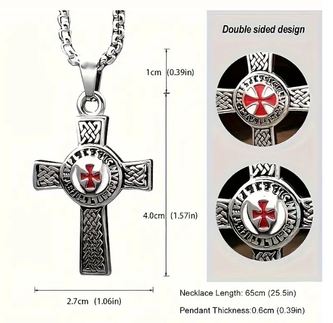 Crucifix Red Cross Necklace for Men Knights Templar Crusader Pendant Necklace