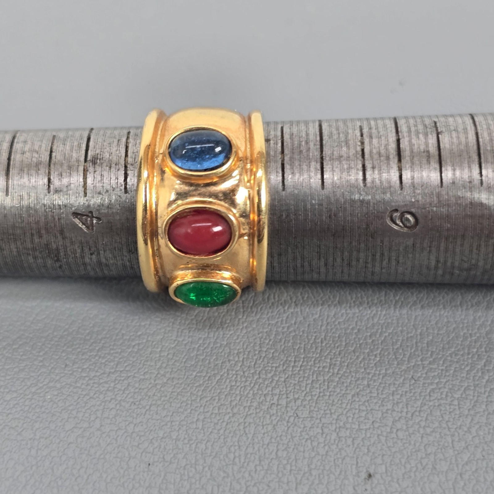 Gold Tone Byzantine Style Ring Red Blue Green Faux Gemstone Costume Jewelry SZ 5
