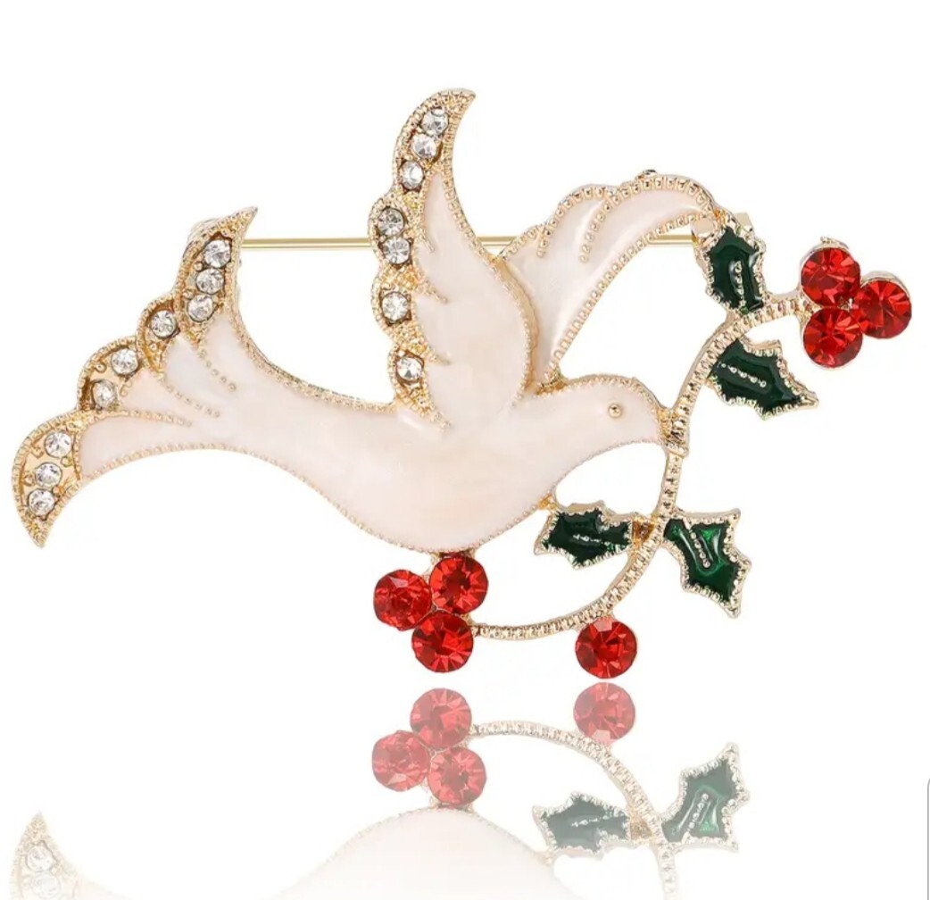 WHITE DOVE OF PEACE SIGN~EASTER ANGEL~ENAMEL & RHINESTONE PIN BROOCH~VINTAGE-D