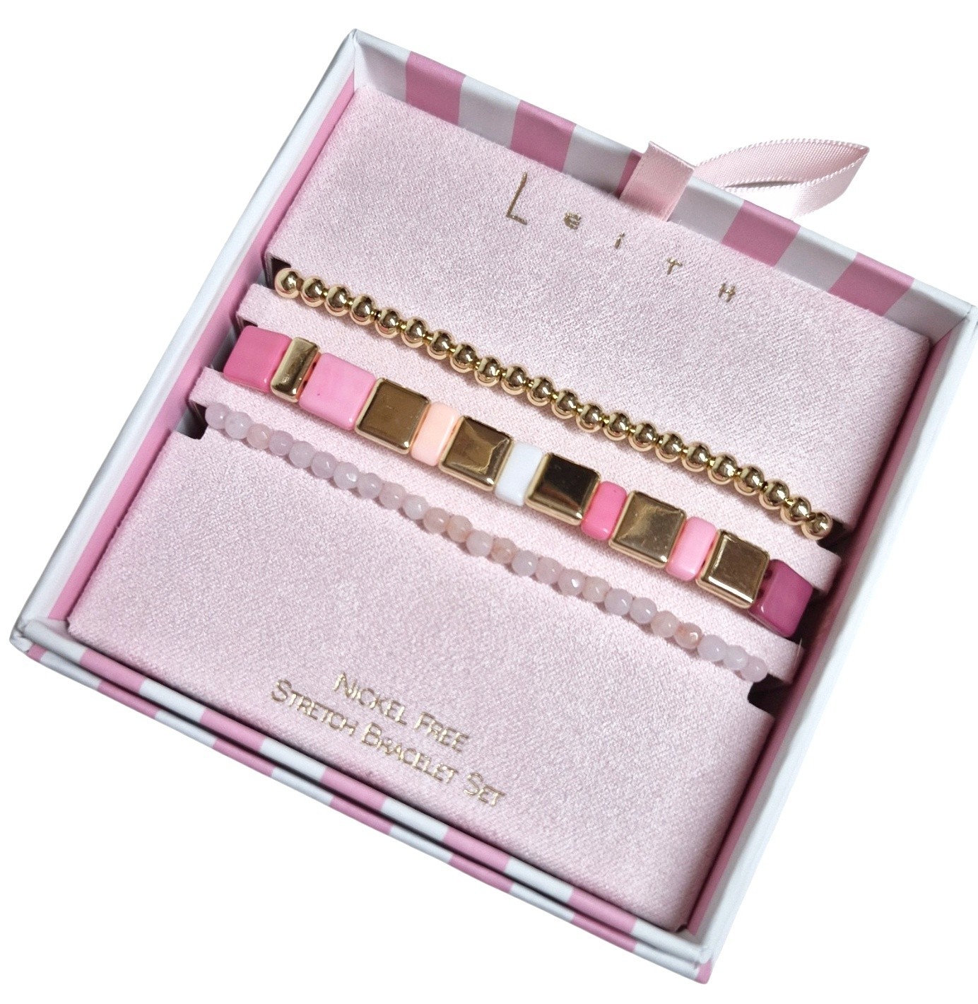Leith Layered Stretch Bracelet Set of Three Pink White Goldtone Multi-Color NIB