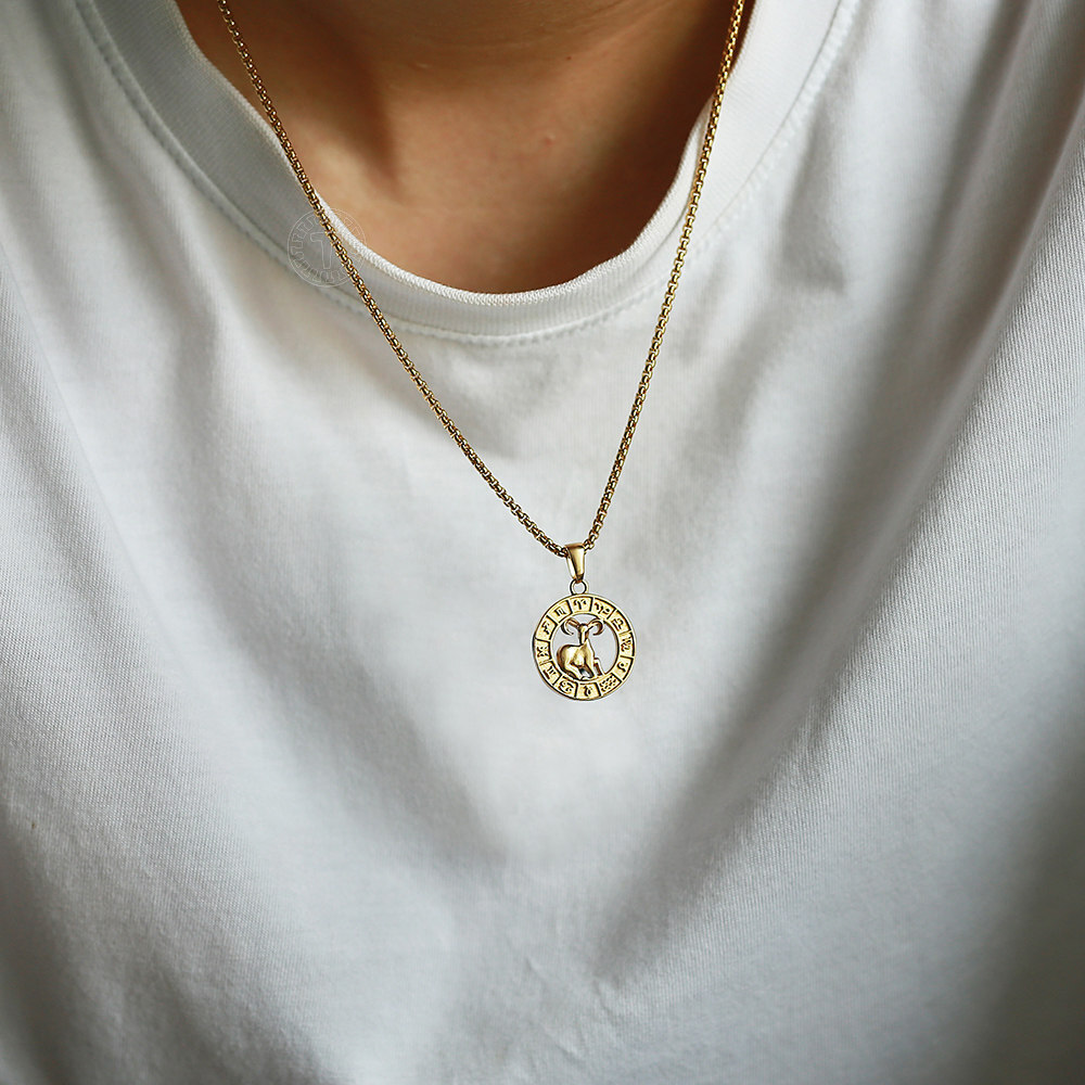 Yellow Gold Plated Stainless Steel 12 Zodiac Sign Pendant Necklace 18-22″ Chain