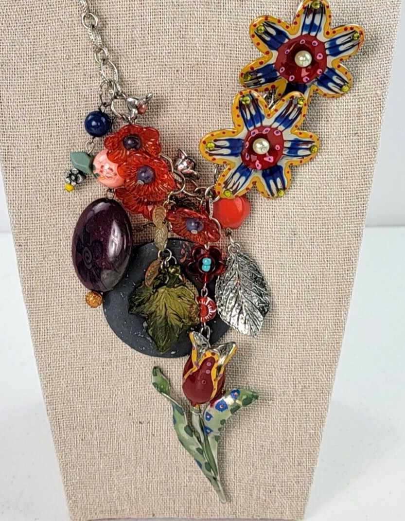 Multicolor Flowers Dangle Charm Necklace 21″ Silver-Tone Mixed-Materials Enamel