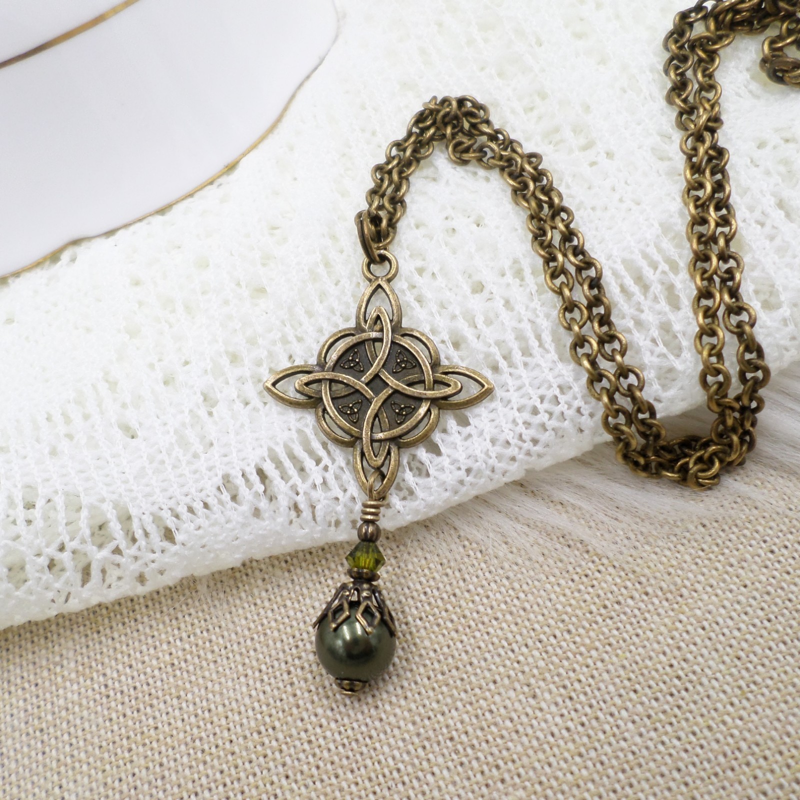 Celtic Knot Necklace, Green Bead Antique Brass Witch Knot Handmade Jewelry