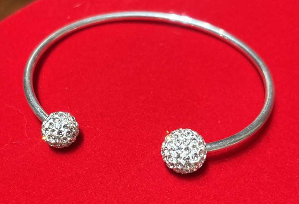 Rhinestone Pave Ball Bracelet Signed 925 Open Cuff Bling Prom Wedding Sz 7 1/4